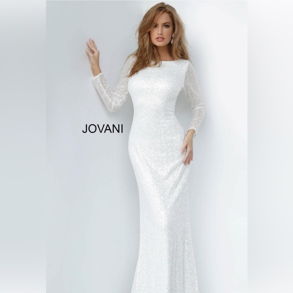 Jovani. 2927 white sequin long sleeve evening gown. - Picture 3 of 7